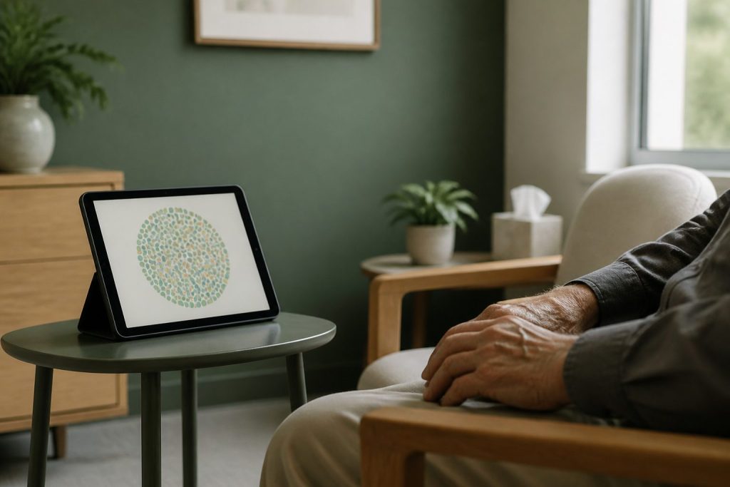A tablet showing a color vision screening plate beside an older patient seated in a primary care exam room