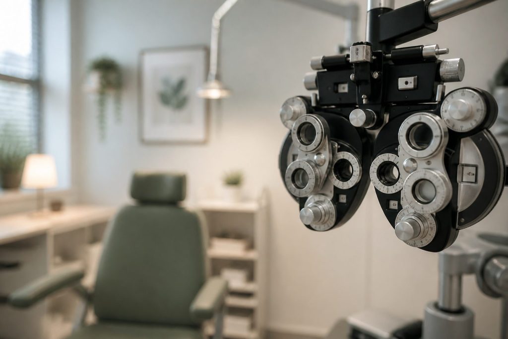 A phoropter in sharp focus in an optometry examination room