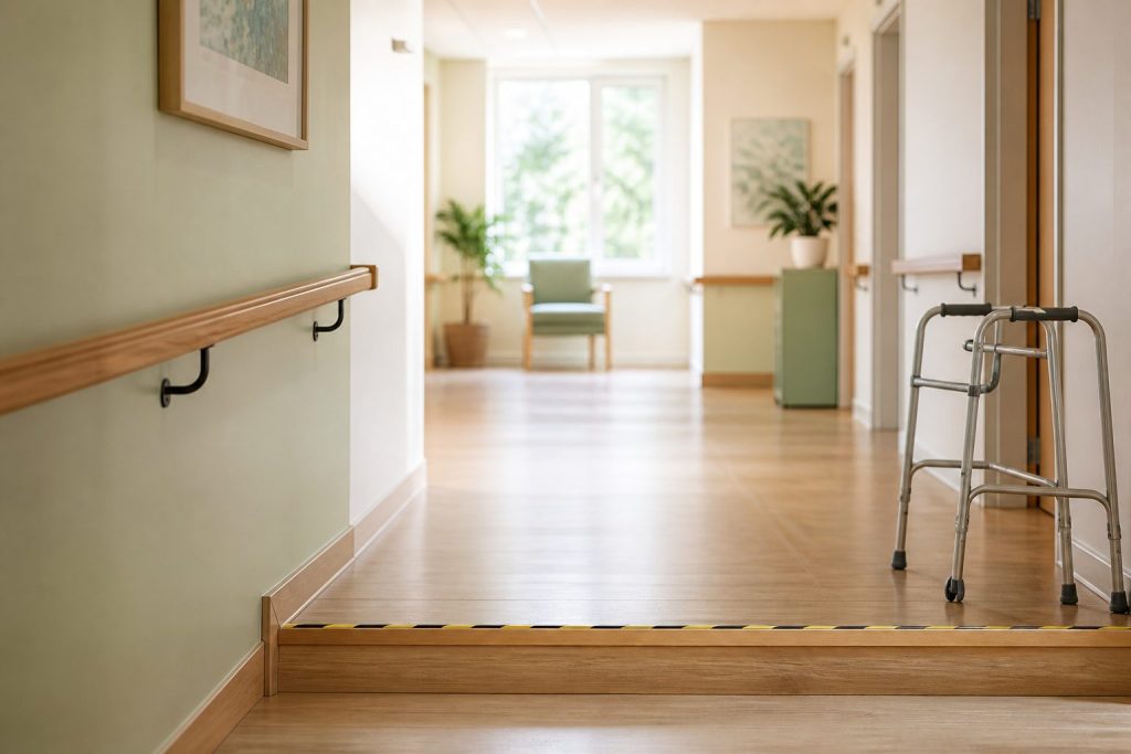 A care facility hallway with a handrail and a high contrast strip marking the edge of a step, with a walking frame nearby