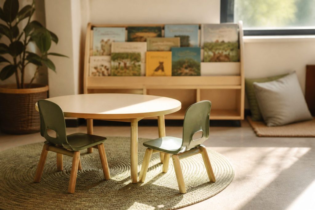 A sunlit primary school reading corner with a low round table, small green chairs and a shelf of picture books