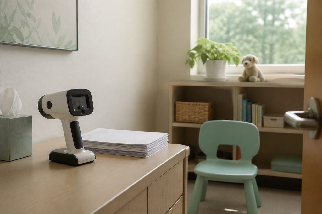 A pediatric vision screening device on a desk in a school health office beside a small child's chair