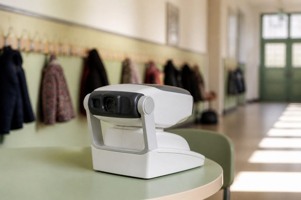 A vision screening device on a table in a primary school corridor lined with children's coat hooks